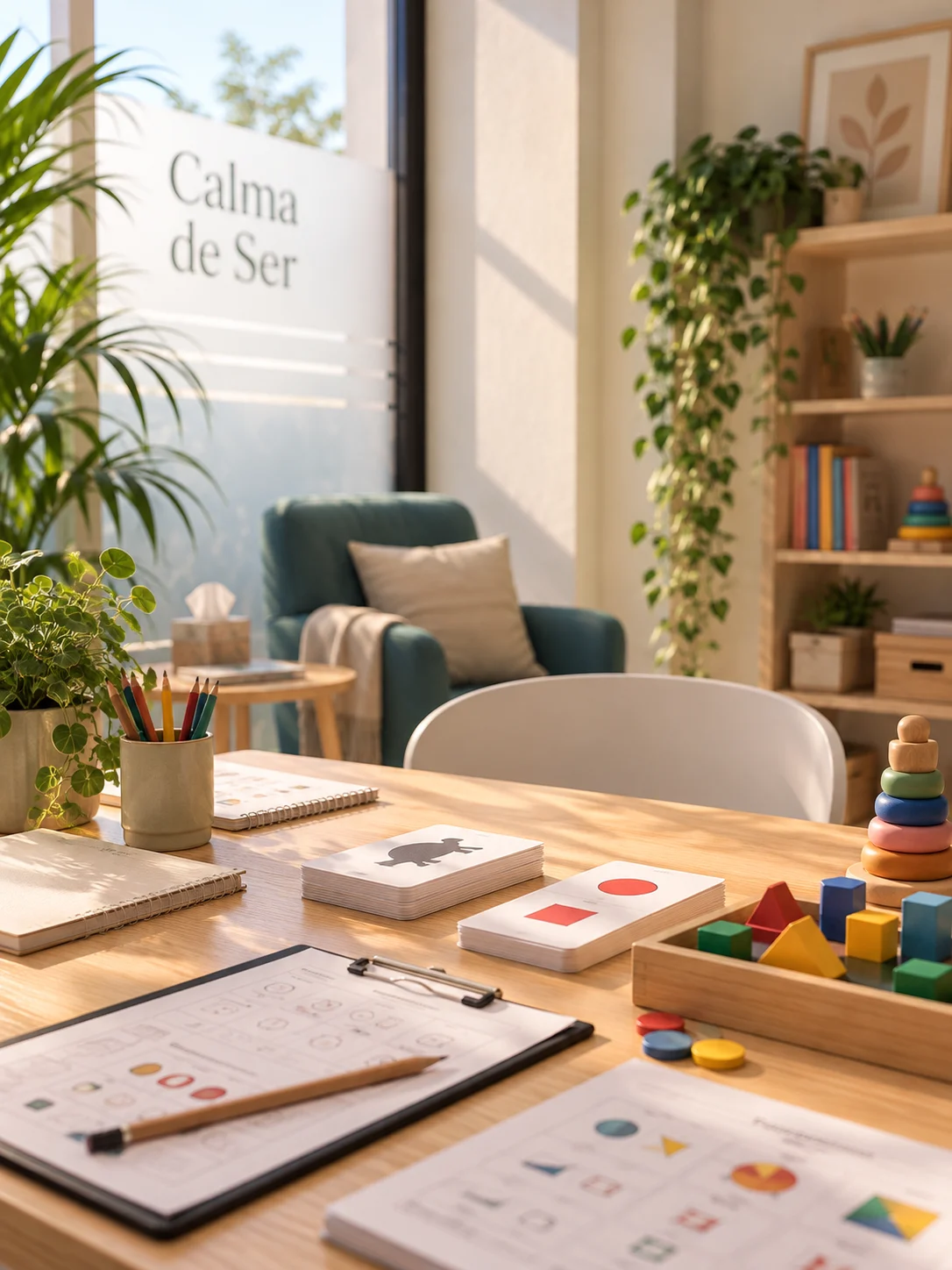 Table with notebooks and play materials for a neuropsychological assessment