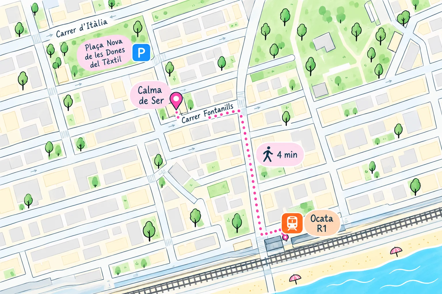 Illustrated map of El Masnou: Calma de Ser, on Carrer Fontanills, a 4-minute walk from Ocata station (R1), with parking at Plaça Nova de les Dones del Tèxtil