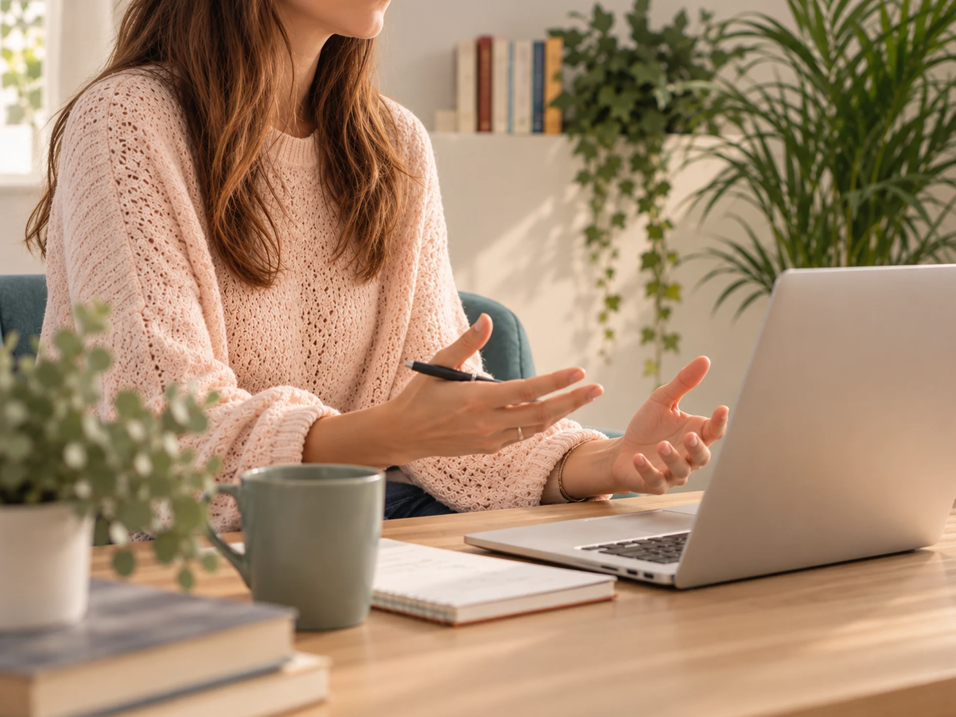 Psychologist in an online therapy session, in front of her laptop