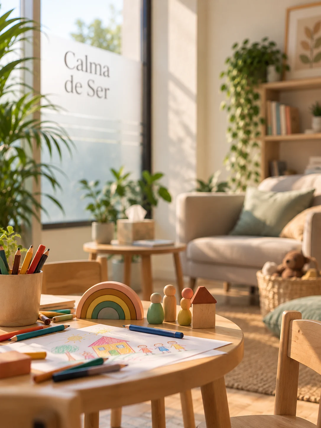 Consulting room prepared for a family session, with a play table and a sofa